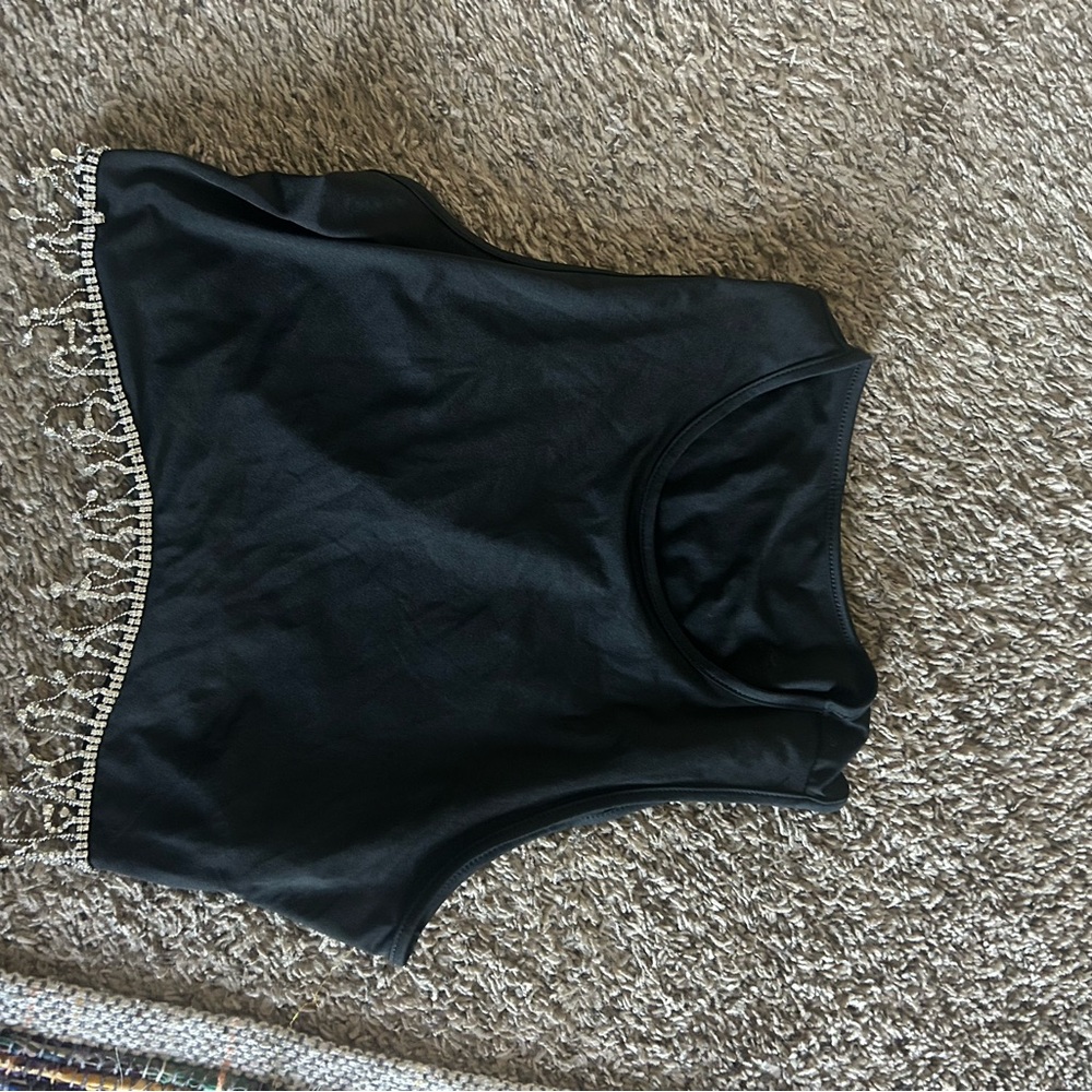 Black Crop Top with Beaded Fringe